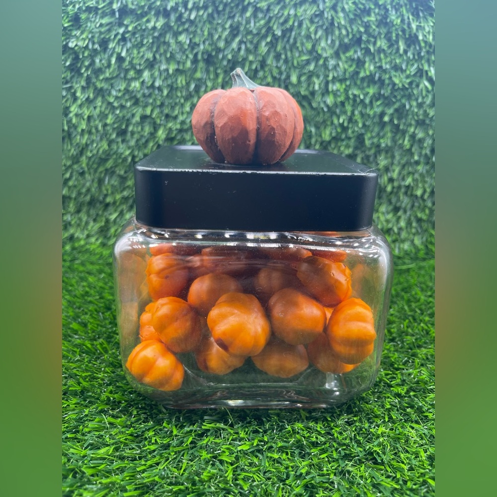 Glass Jar with Black Lid and Realistic Pumpkin Knob, Fall Decor, EUC